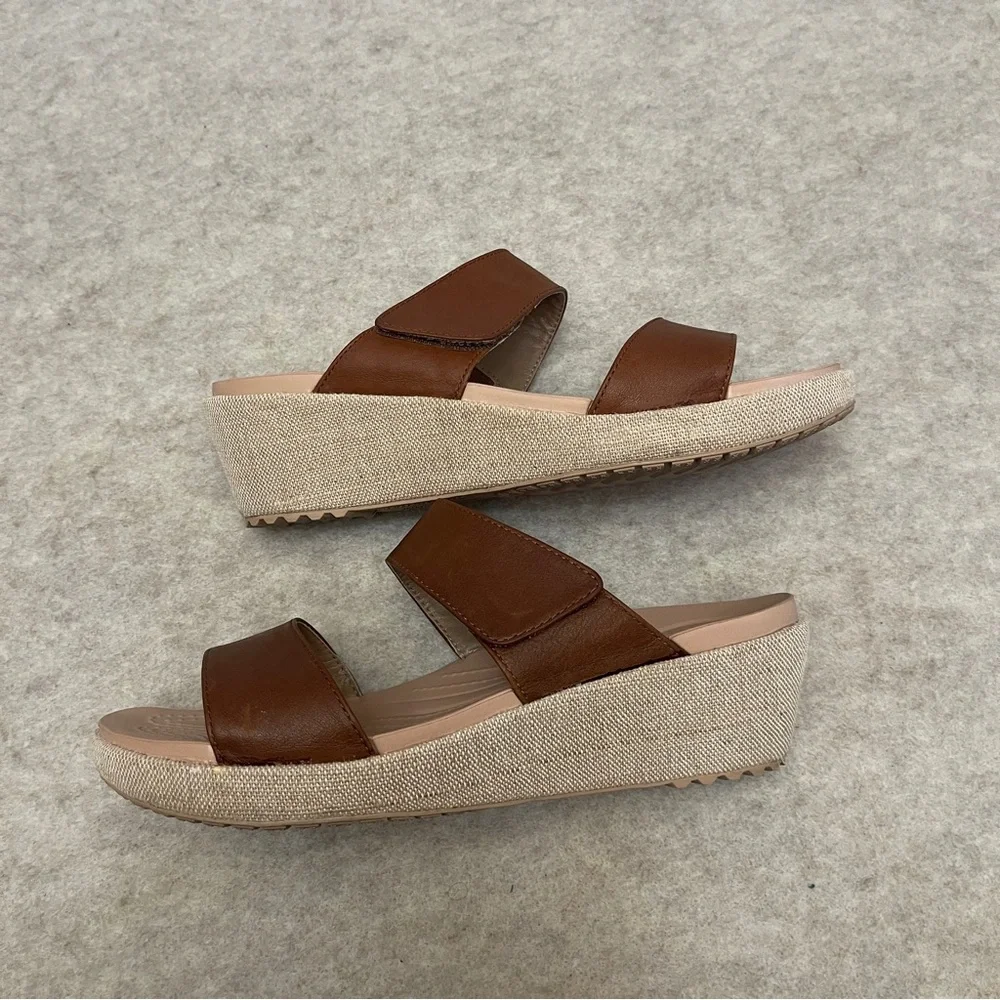 CROCS A-Leigh Brown Leather 2 Strap Canvas Wedge Comfort Sandals Women’s size 7